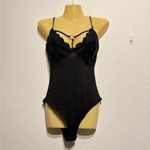 Charlotte Russe Black Lace Mesh Bodysuit Ring Detail Straps Top Size S Goth Edgy
